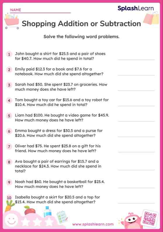 Decimal Operations Worksheet for 4: Add or Subtract Decimal Numbers with 1 Decimal Place Shopping Word Problems