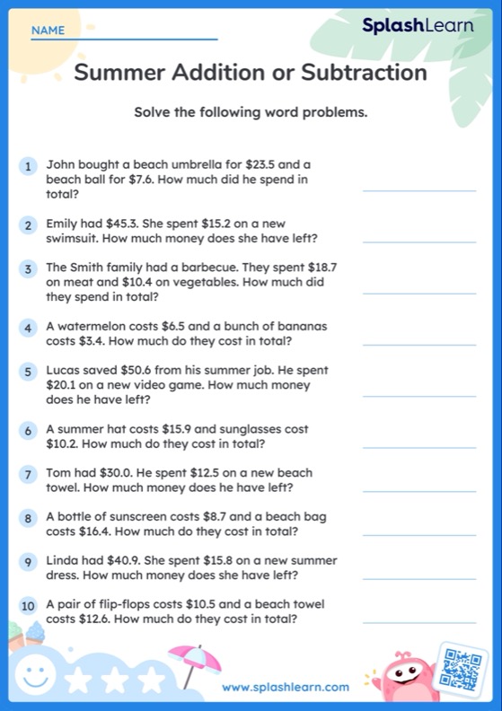 Decimal Operations Worksheet for 4: Add or Subtract Decimal Numbers with 1 Decimal Place Summer Word Problems