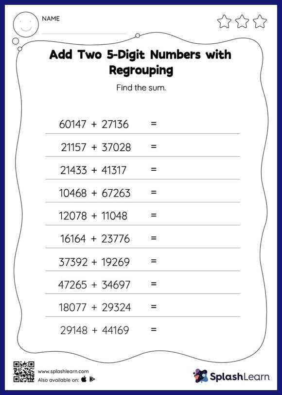 5-Digit Addition Worksheet for 4: Add Two 5Digit Numbers with Regrouping Horizontal Addition