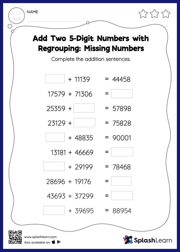 5-Digit Addition Worksheet for 4: Add Two 5Digit Numbers with Regrouping Missing Numbers