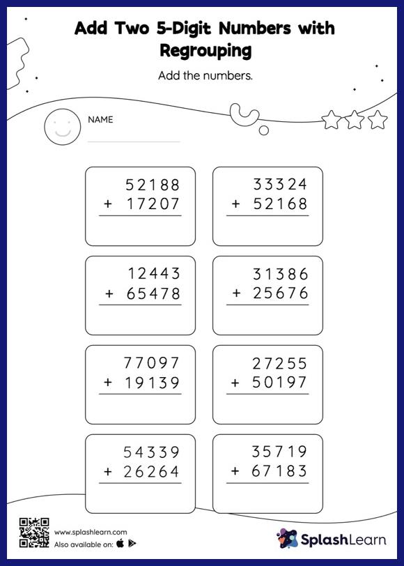 5-Digit Addition Worksheet for 4: Add Two 5Digit Numbers with Regrouping Vertical Addition