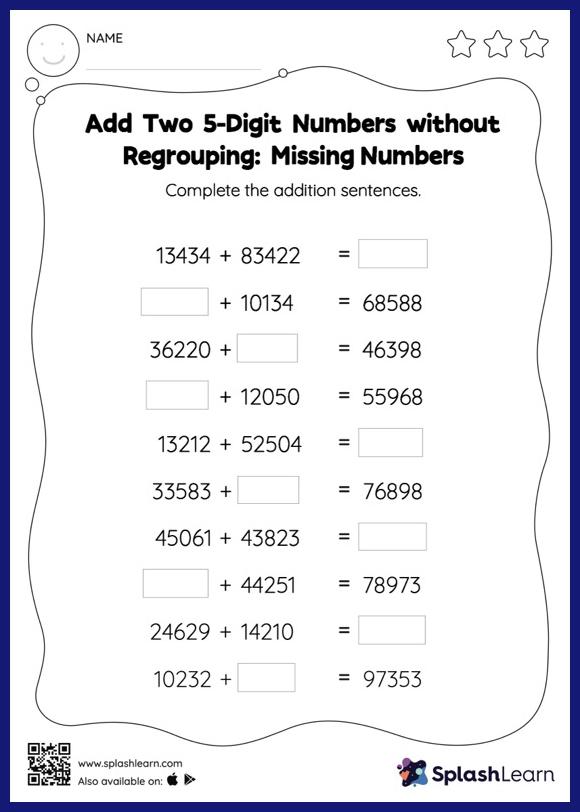 5-Digit Addition Worksheet for 4: Add Two 5Digit Numbers without Regrouping Missing Numbers