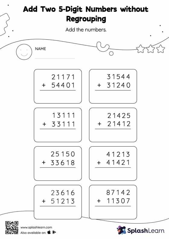 5-Digit Addition Worksheet for 4: Add Two 5Digit Numbers without Regrouping Vertical Addition