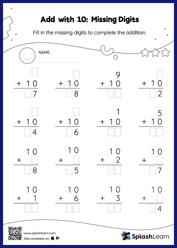 Add With 10 Worksheet for 1: Add with 10 Missing Digits