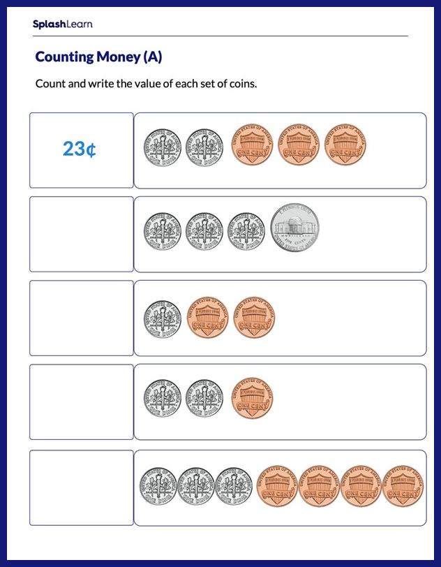 Counting Money Worksheet for 2: Add Coins to Write the Total Amount