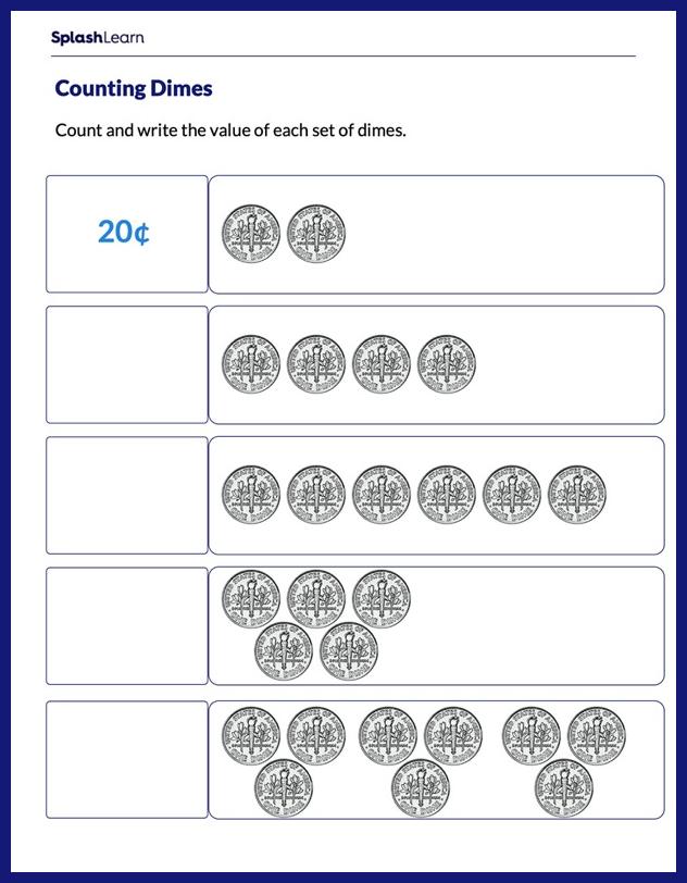 Counting Money Worksheet for 2: Add Dimes to Write the Total Amount