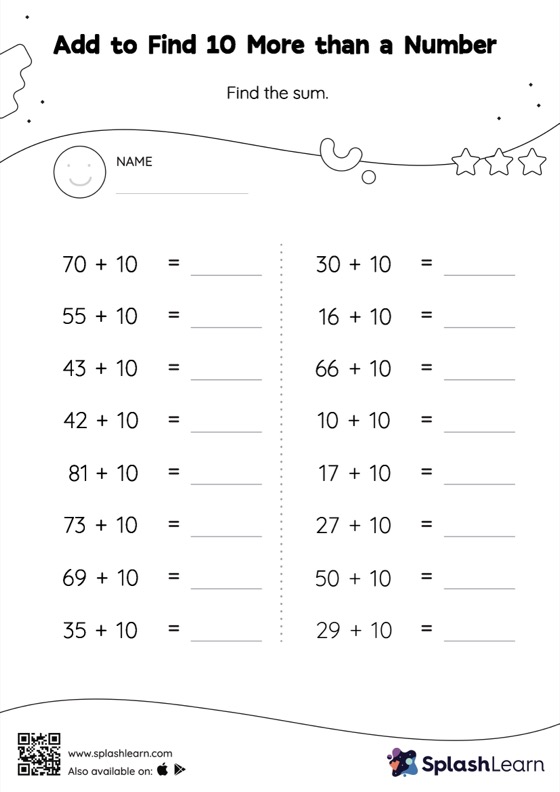 Add With 10 Worksheet for 2: Add to Find 10 More than a Number Horizontal Addition