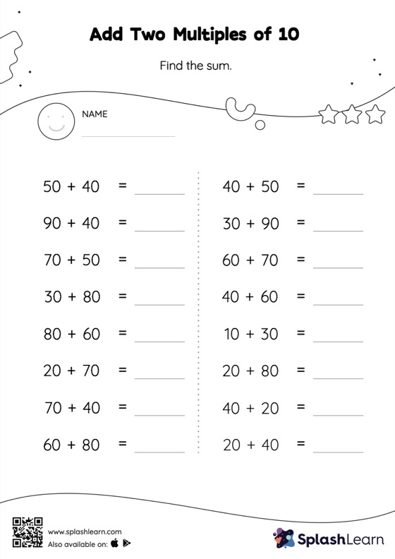 2-Digit Addition Without Regrouping Worksheet for 2: Add Two Multiples of 10 Horizontal Addition
