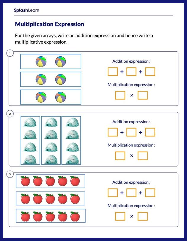Multiplication With Arrays Worksheet for 3: Addition and Multiplication Expressions