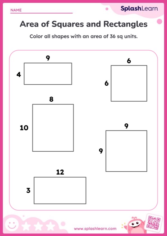 Area Worksheet for 5: Calculate Area of Rectangles and Color the Shapes