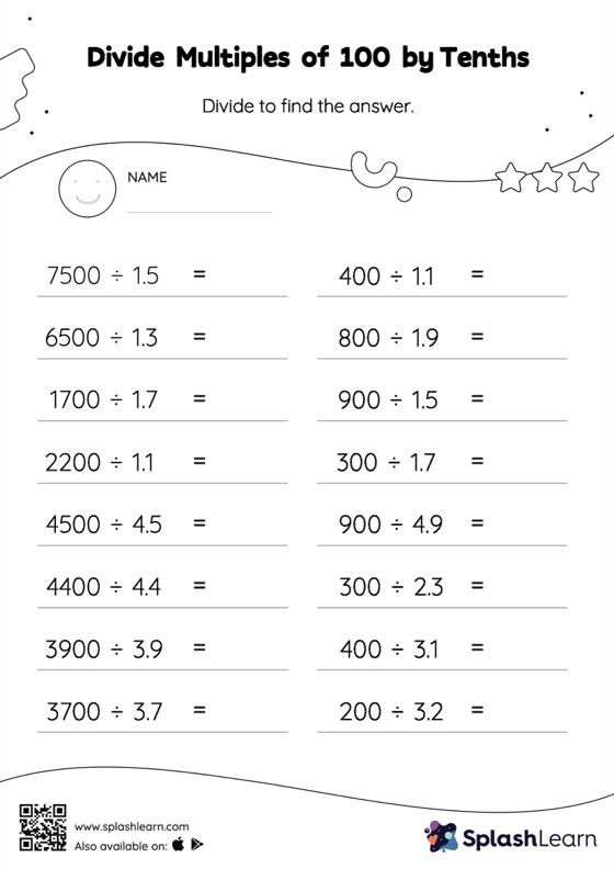 Divide Whole Numbers By Decimals Worksheet for 6: Divide Multiples of 100 by Tenths Horizontal Division
