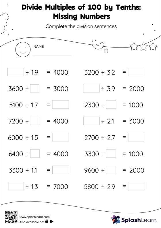 Divide Whole Numbers By Decimals Worksheet for 6: Divide Multiples of 100 by Tenths without Remainder Missing Numbers