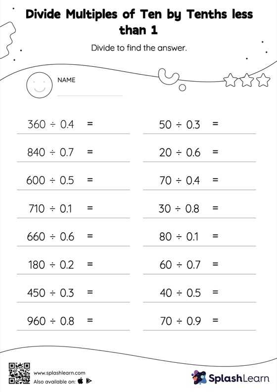 Divide Whole Numbers By Decimals Worksheet for 6: Divide Multiples of Ten by Tenths less than 1 Horizontal Division