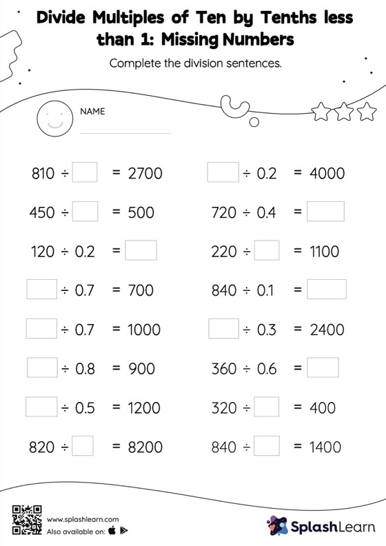 Divide Whole Numbers By Decimals Worksheet for 6: Divide Multiples of Ten by Tenths less than 1 without Remainder Missing Numbers
