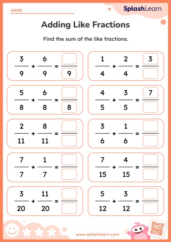 Add Like Fractions Worksheet for 5: Find the Sum of Like Fractions