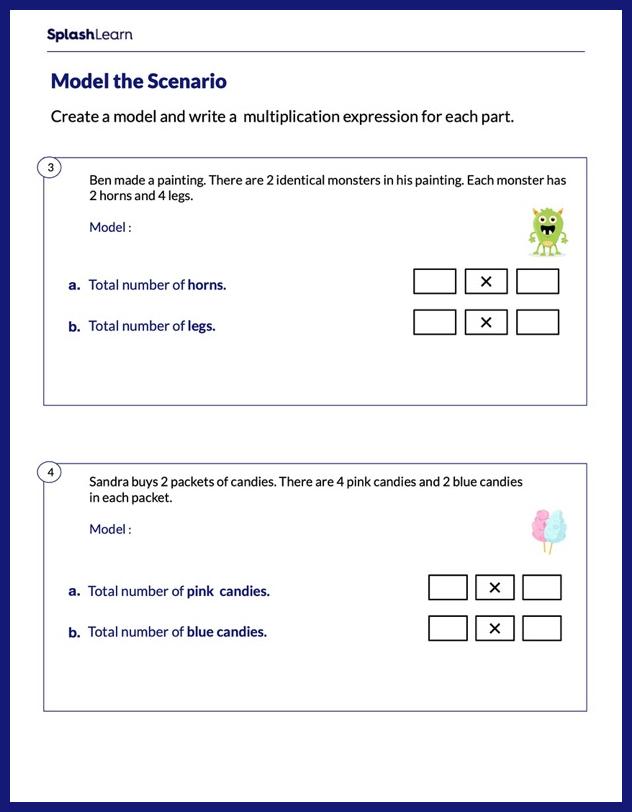 Multiplication Sentences Worksheet for 4: Model and Create the Multiplication Expression