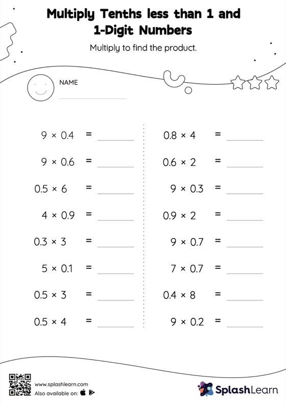 Multiply Decimals By Whole Numbers Worksheet for 6: Multiply Tenths less than 1 and 1Digit Numbers Horizontal Multiplication