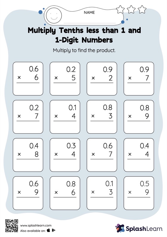 Multiply Decimals By Whole Numbers Worksheet for 6: Multiply Tenths less than 1 and 1Digit Numbers Vertical Multiplication