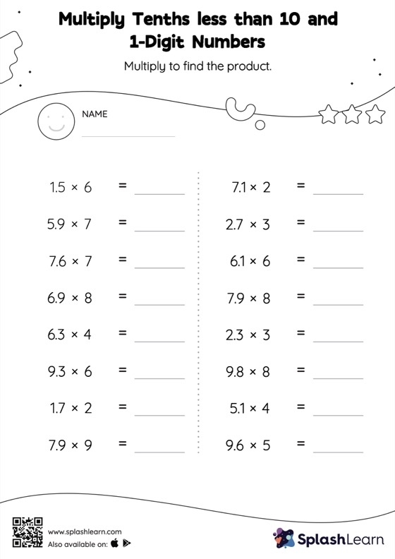 Multiply Decimals By Whole Numbers Worksheet for 6: Multiply Tenths less than 10 and 1Digit Numbers Horizontal Multiplication