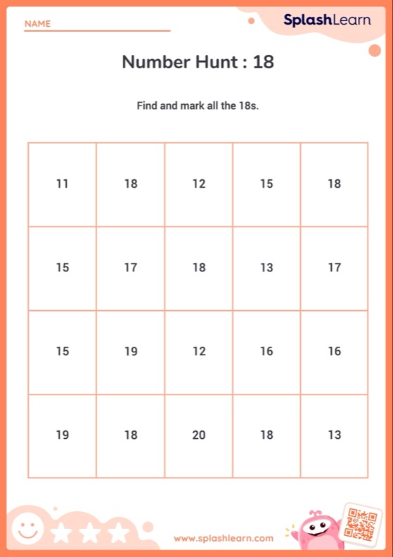 Number Recognition Within 20 worksheet for R: Number Hunt 18