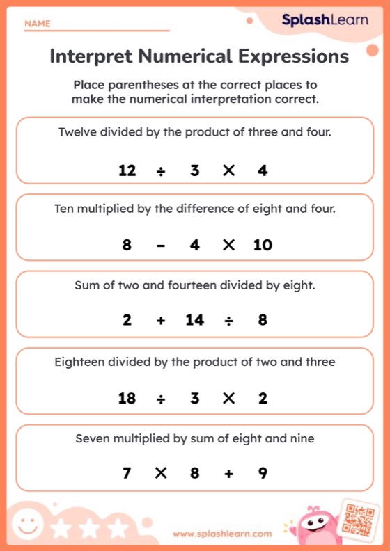 Expressions And Equations Worksheet for 6: Place Correct Brackets in Numerical Expressions