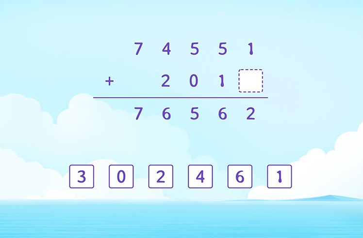 5-Digit Addition game for 4: Filling the Missing Number in the Addition Solution