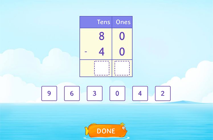 2-Digit Subtraction Without Regrouping game for 1: Subtracting Multiples of 10 Using Place Value