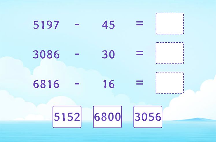 4-Digit Subtraction Without Regrouping game for 3: Subtracting 2-Digit From 4-Digit Numbers and Matching