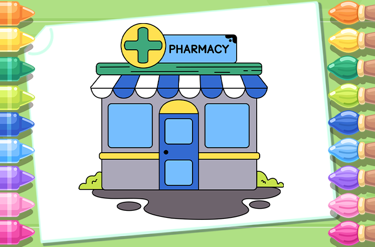 Buildings game for Pre-K: Pharmacy Healthful Coloring Adventure